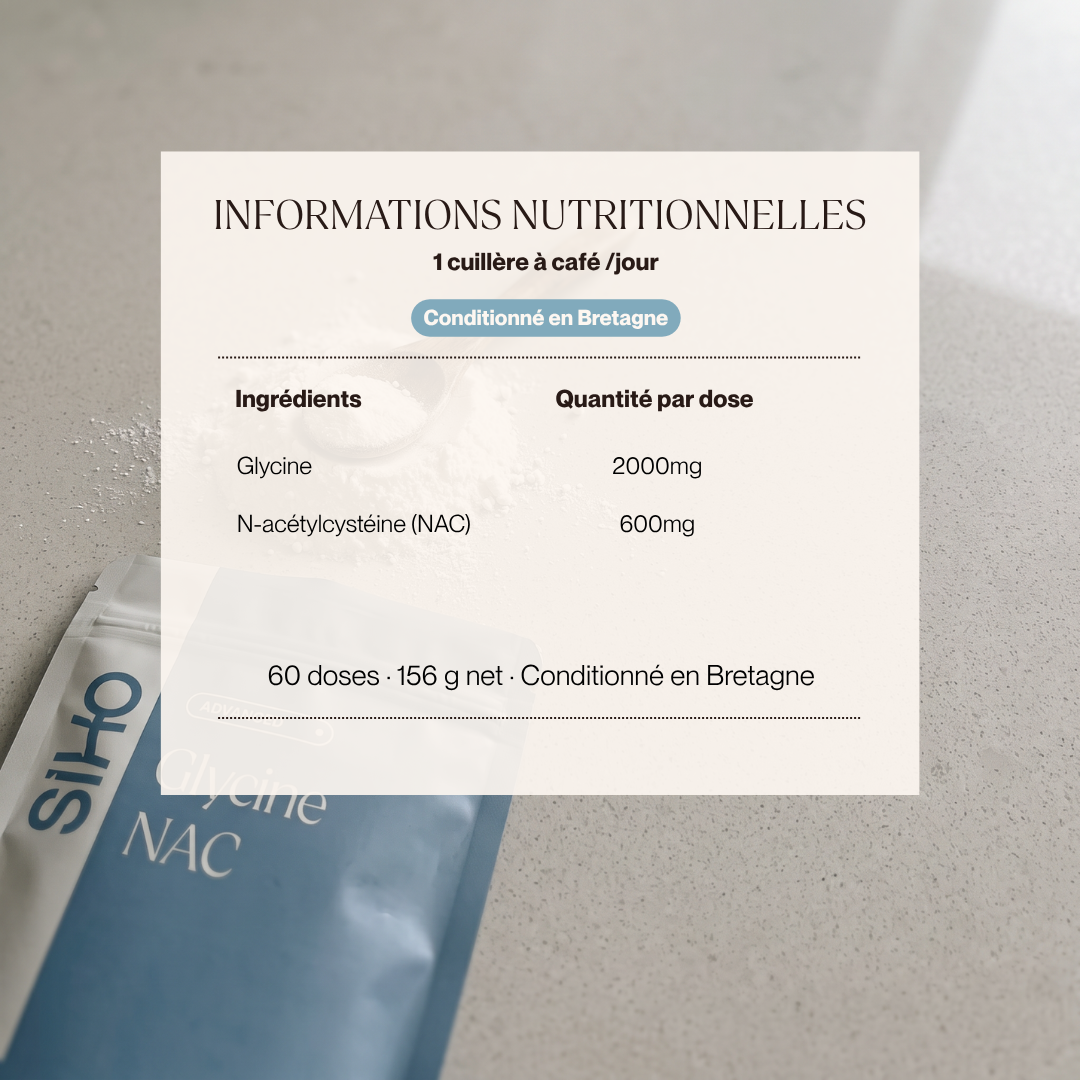 Informations nutritionnelles Glycine-NAC : 2 g de glycine et 600 mg de NAC par dose, 60 doses, 156 g net