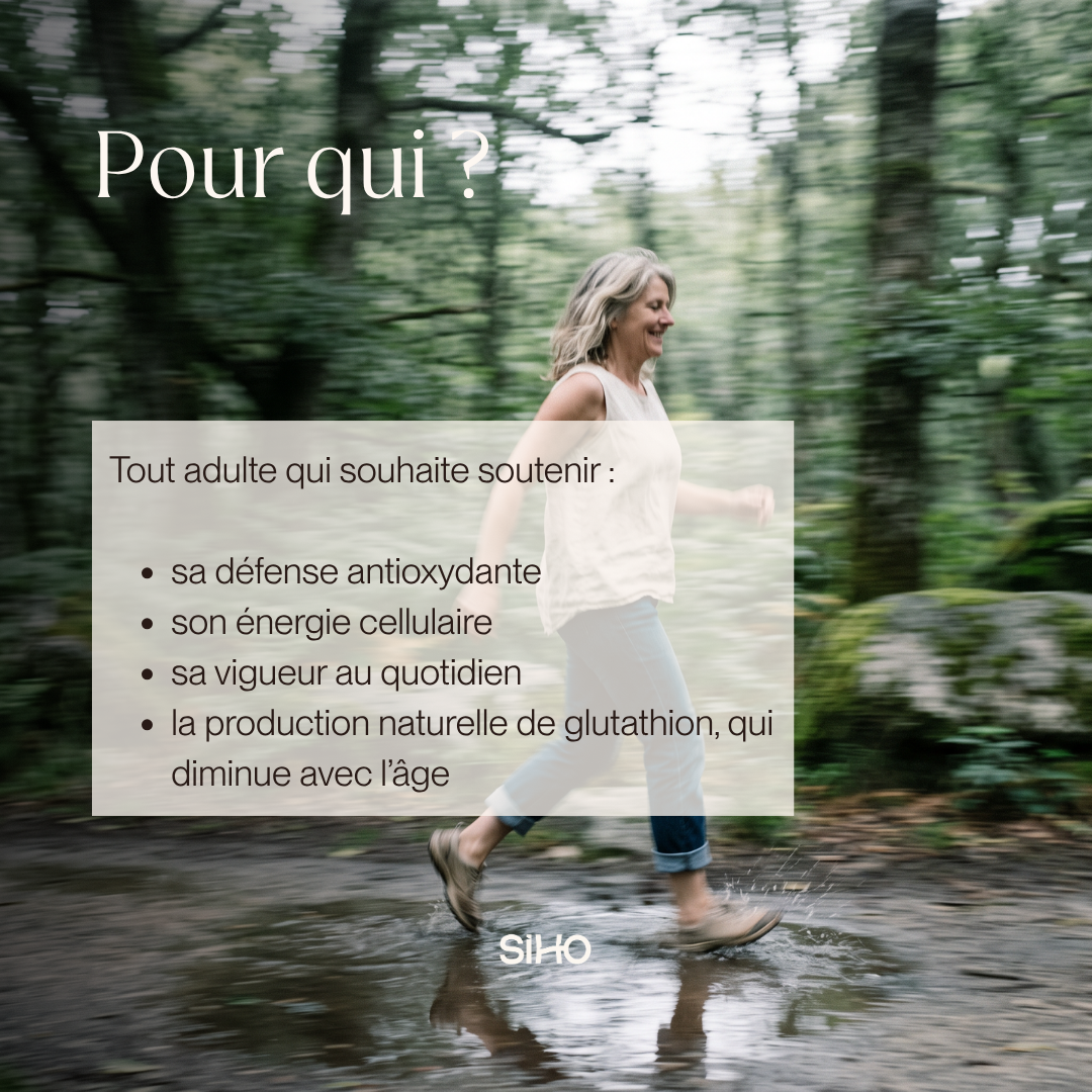 Pour qui ? Glycine-NAC SIHO, pour les adultes qui souhaitent soutenir leur défense antioxydante et leur énergie cellulaire